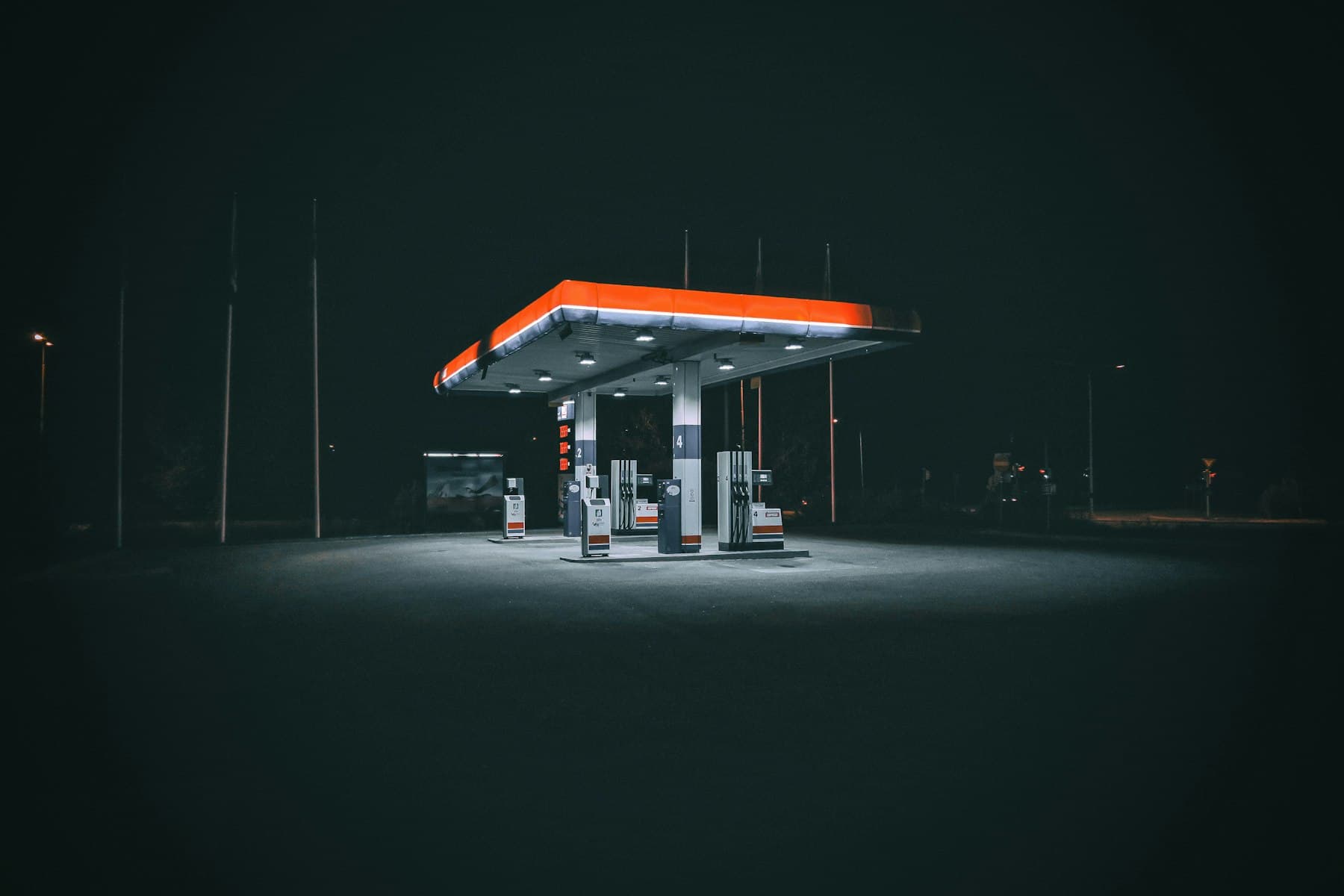 A gas station at night with no people around